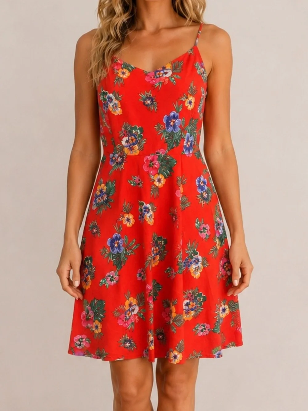 Old Navy Red Tropical Floral Fit & Flare Mini Dress Strappy Lined Size Large - Picture 1 of 9
